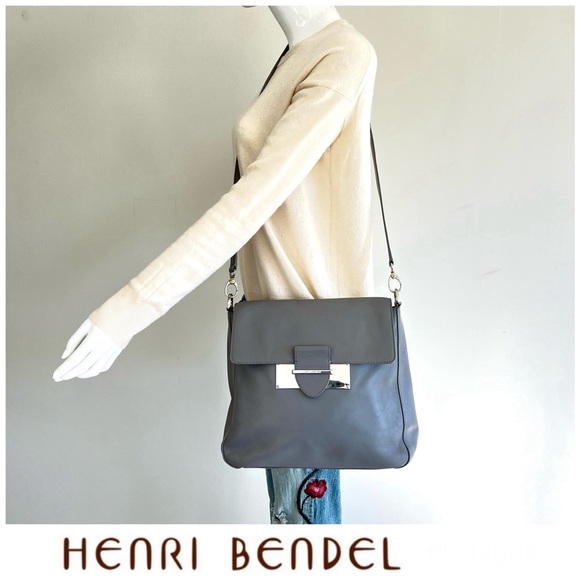 HENRI BENDEL Gray Smooth Leather Silver Hardware Shoulder Messenger Crossbody - Picture 1 of 14